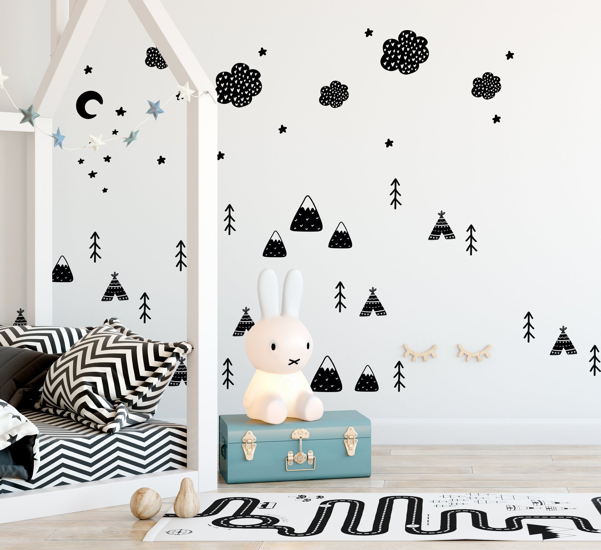 Scandi Wall Art Decor Stickers Decals Kids Animal Wall Stickers Trees Mountains Stars