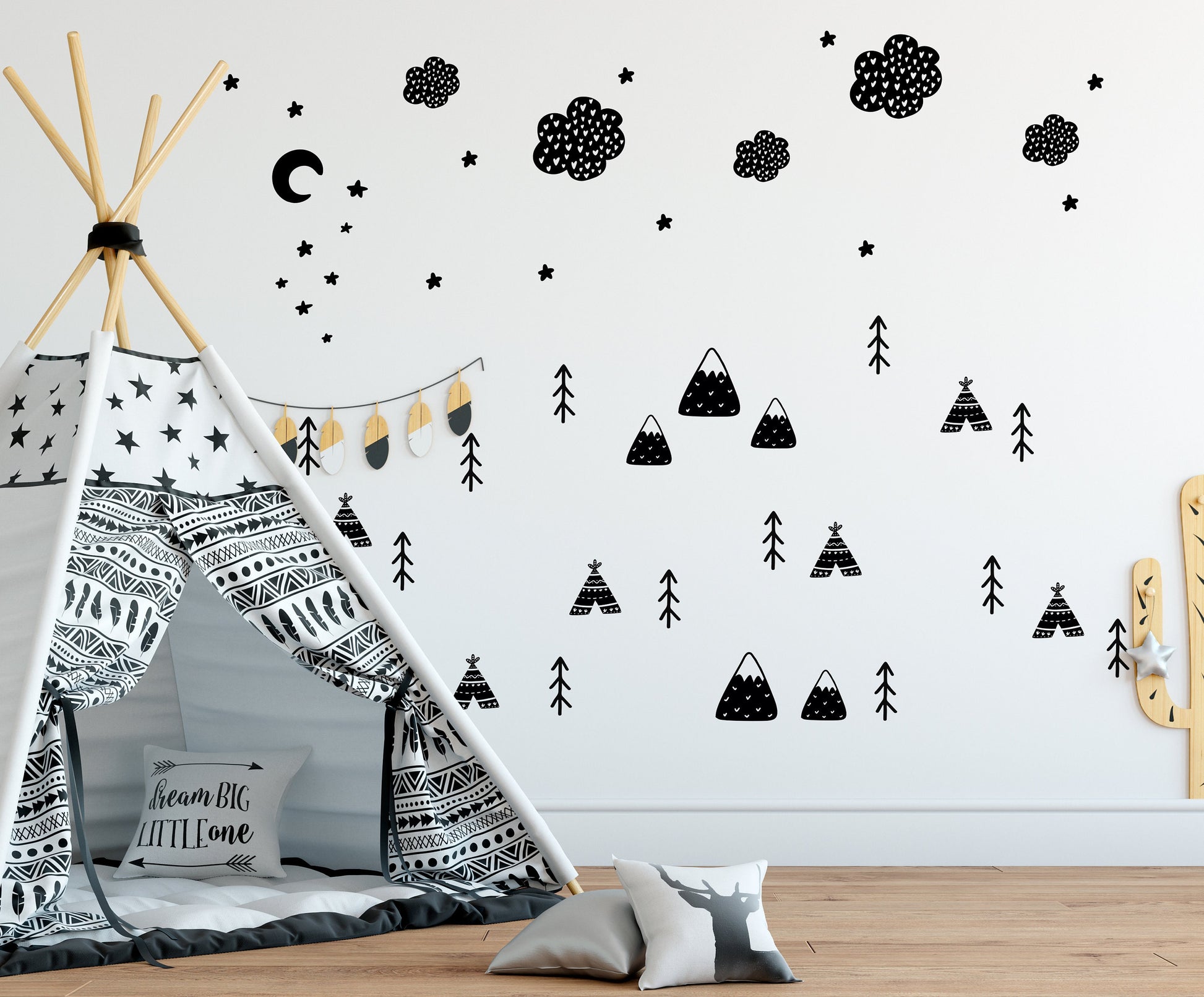 Scandi Wall Art Decor Stickers Decals Kids Animal Wall Stickers Trees Mountains Stars