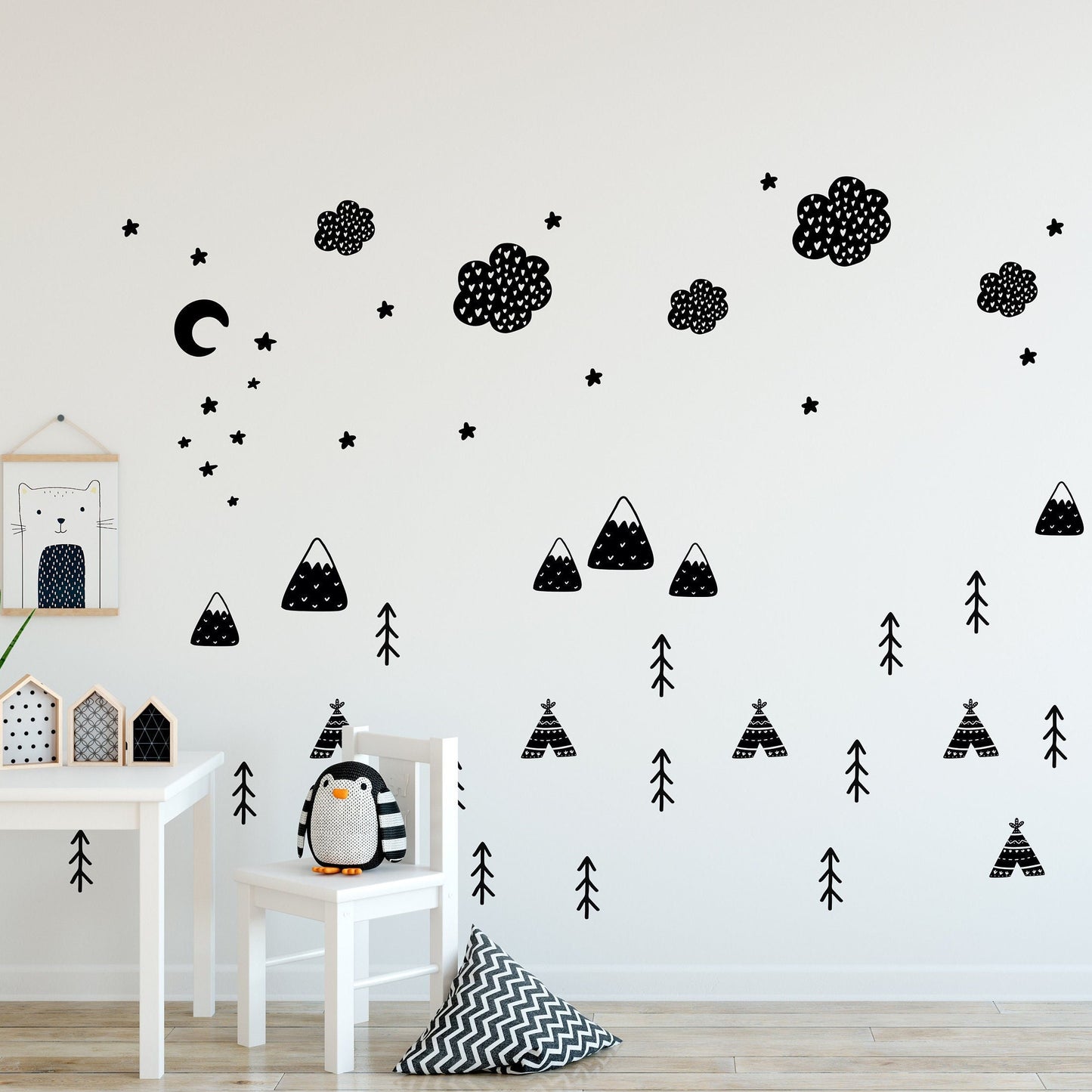 Scandi Wall Art Decor Stickers Decals Kids Animal Wall Stickers Trees Mountains Stars