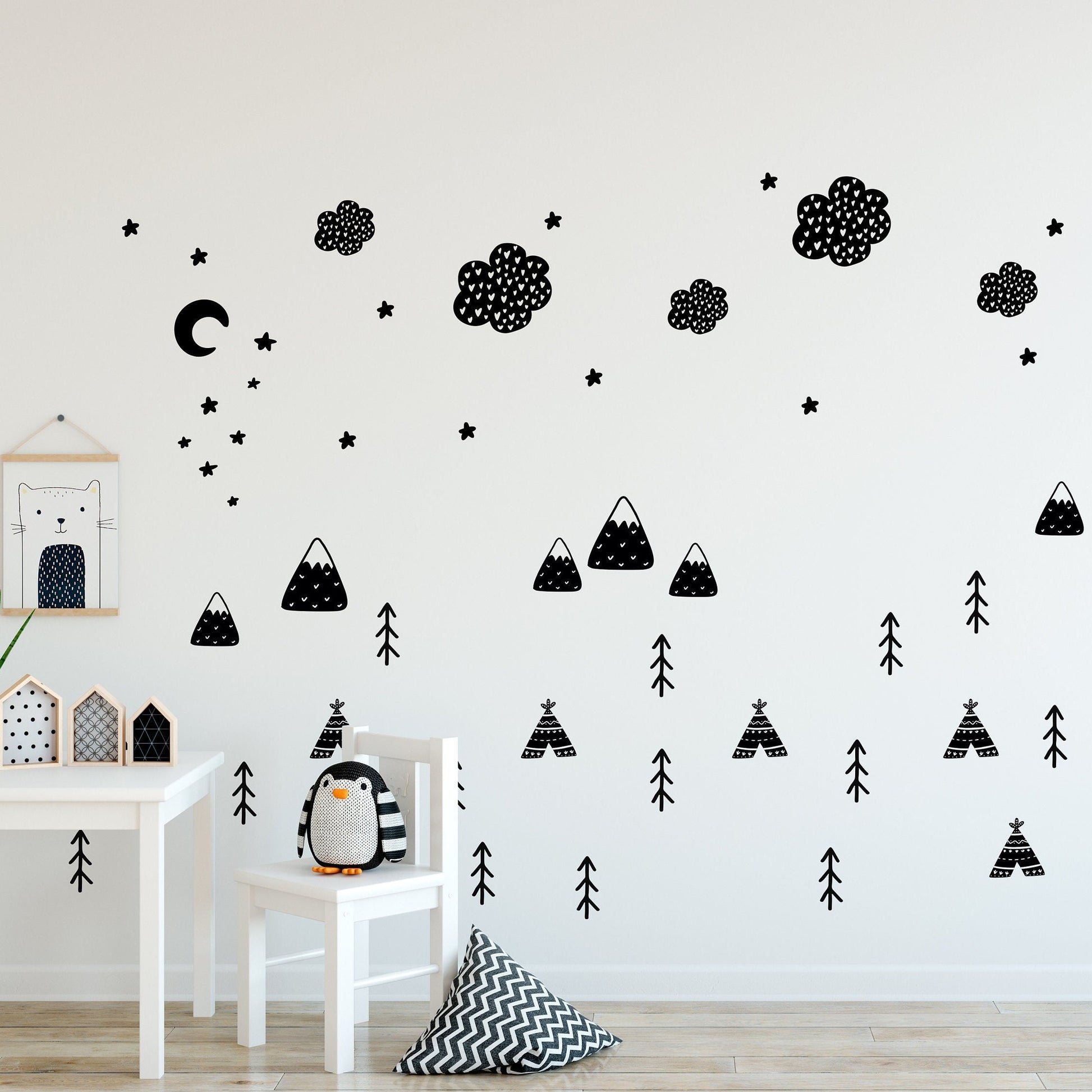 Scandi Wall Art Decor Stickers Decals Kids Animal Wall Stickers Trees Mountains Stars