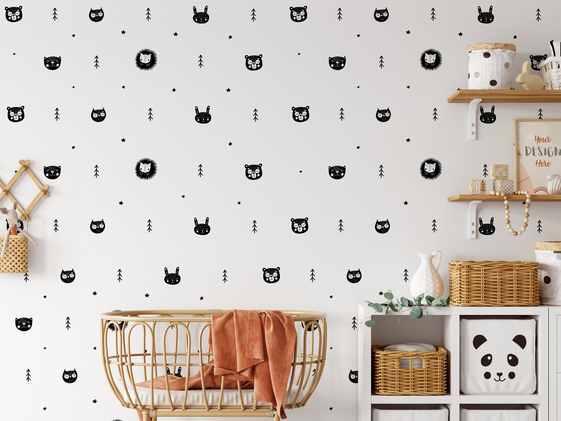 Scandinavian Animal Wall Stickers For Kids Nursery Rooms Owls Cats Bears Hedgehogs Trees & Star Decals Removable Vinyl