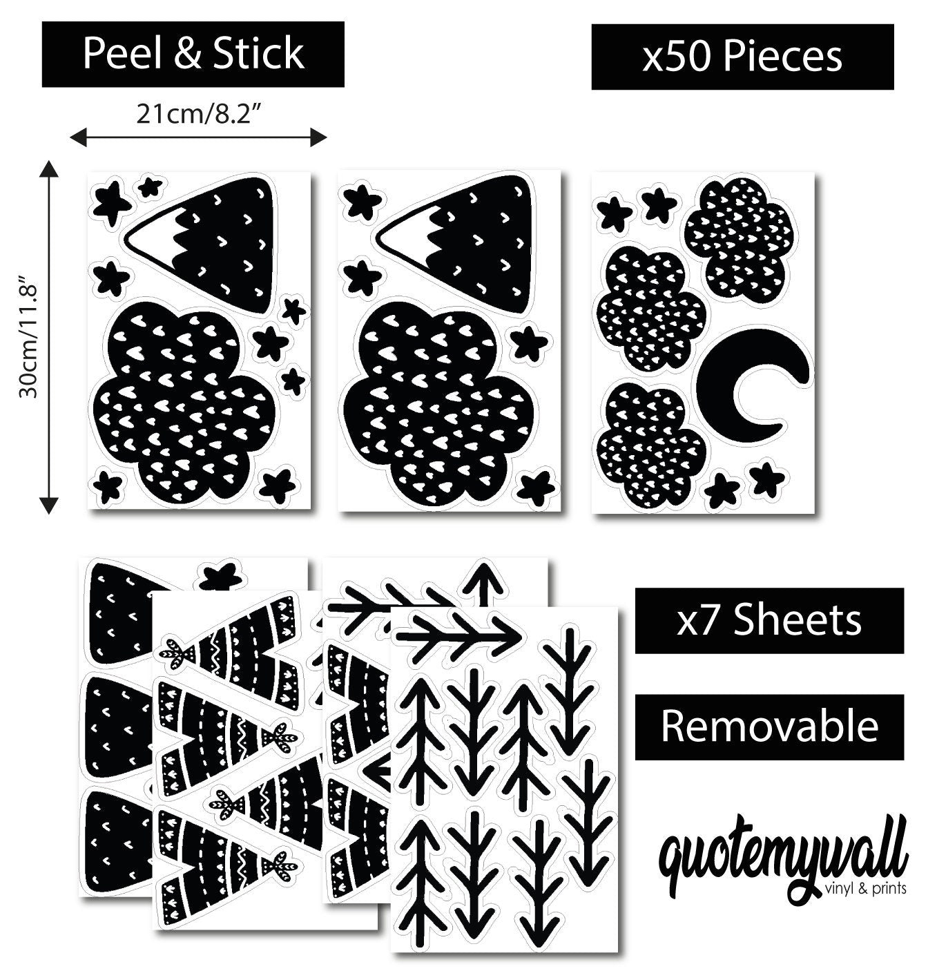 Scandi Wall Art Decor Stickers Decals Kids Animal Wall Stickers Trees Mountains Stars