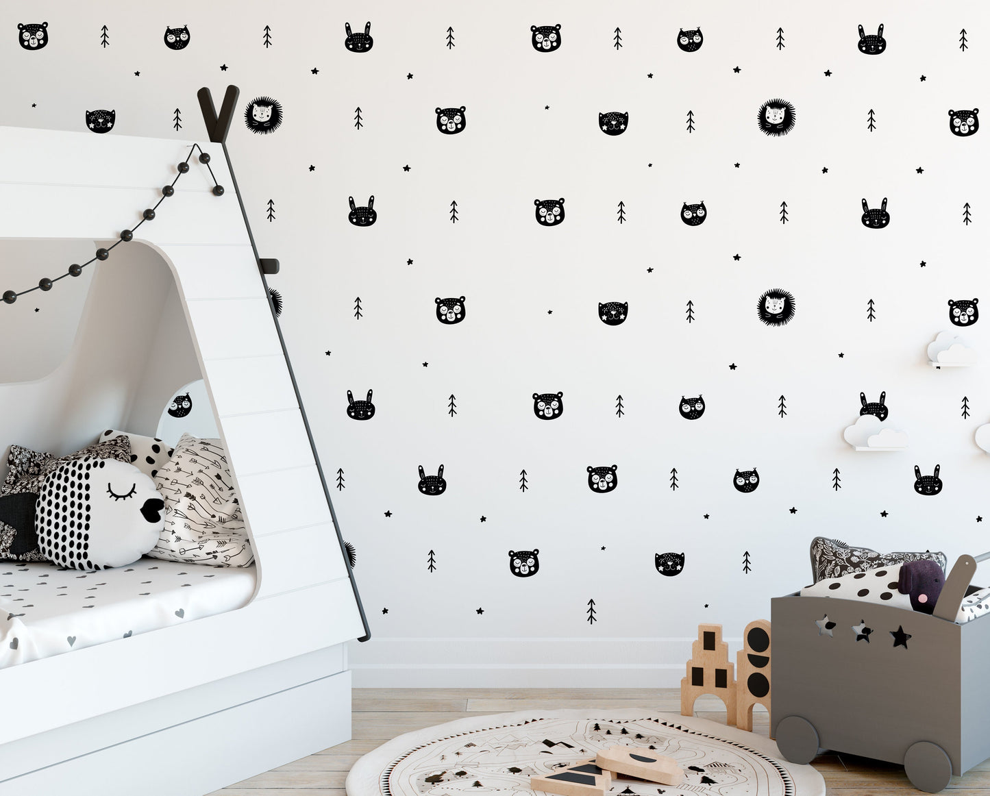 Scandinavian Animal Wall Stickers For Kids Nursery Rooms Owls Cats Bears Hedgehogs Trees & Star Decals Removable Vinyl
