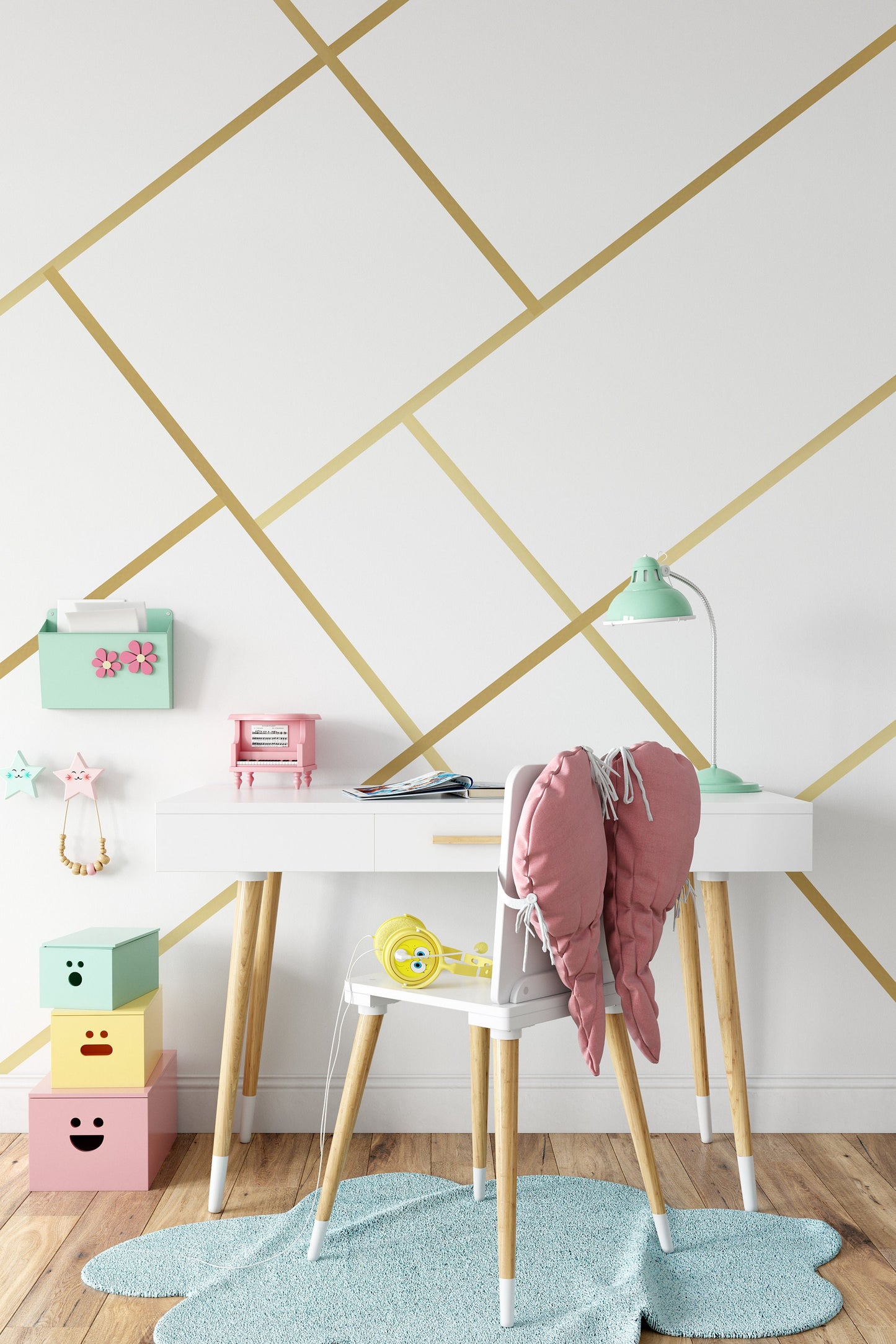 Gold Geometric Lines Wall Stickers | Gold Wall Decals | Peel and Stick Removable Metallic Wall Art For Home Kids Office Living