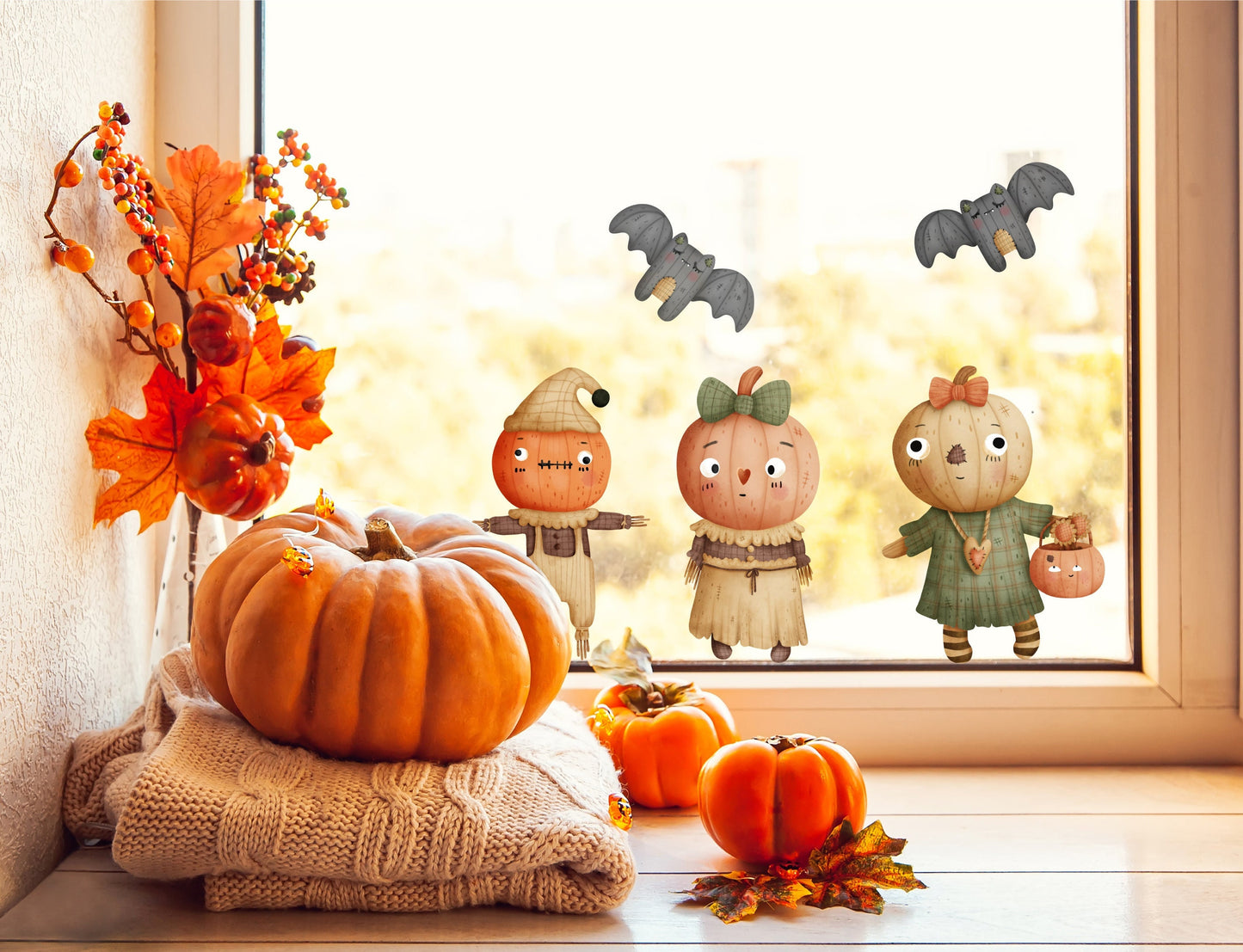 Cute Pumpkin Scarecrows Bats Halloween Window Stickers, Halloween Decorations For Kids Childrens