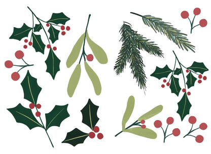 Christmas Window Decorations Stickers Holly Mistletoe Floral Decor, Xmas Window Decals