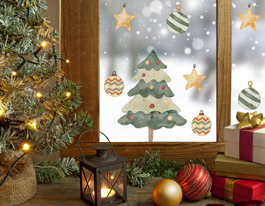 Christmas Tree With Baubles Window Sticker, Holiday Decor, Christmas Decorations, Star Window Decal
