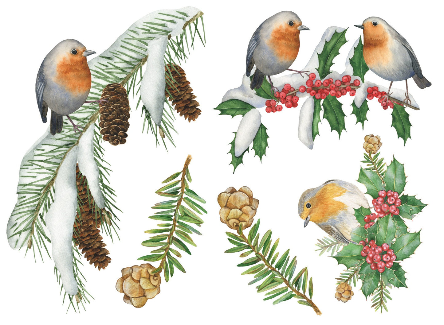 Watercolour Robins On Branches Christmas Window Decals Snow Xmas Decorations Christmas Decor Window