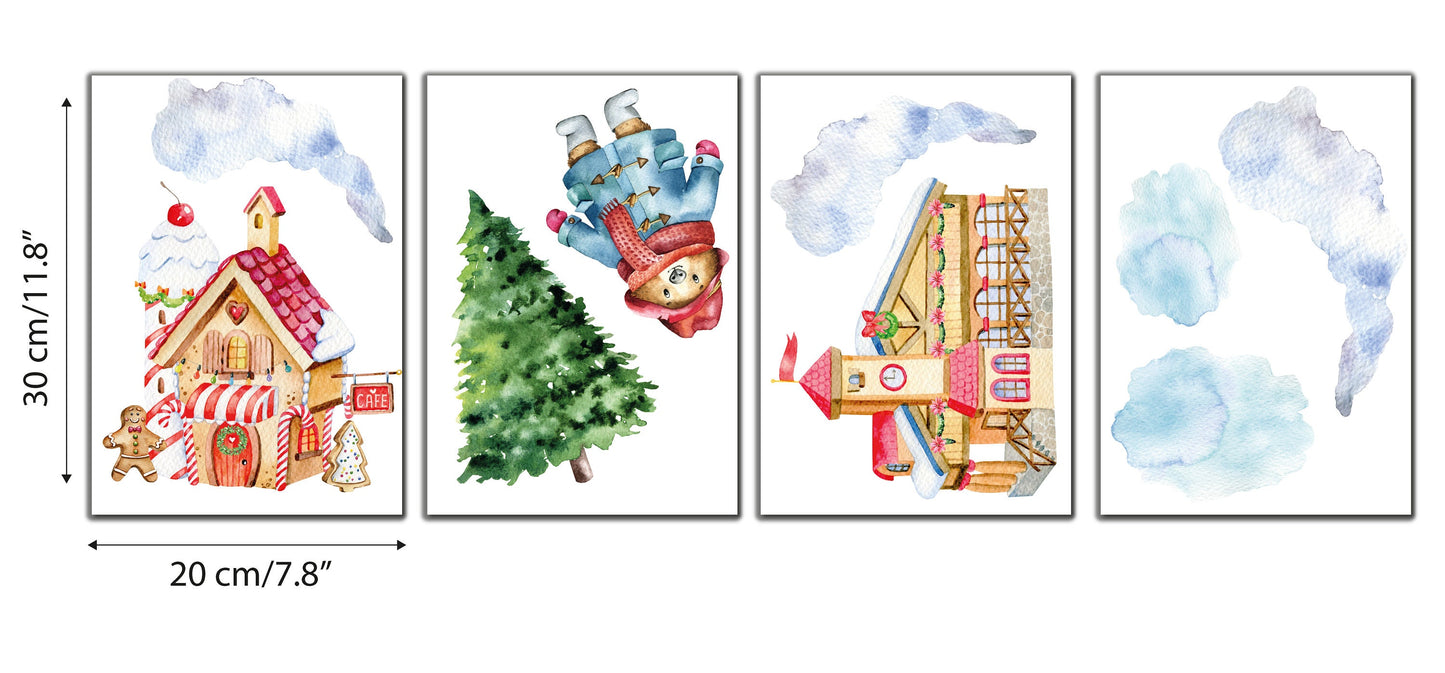 Christmas Bear Village Window Decals Stickers, Watercolour Christmas Decorations, Xmas Holiday Decor