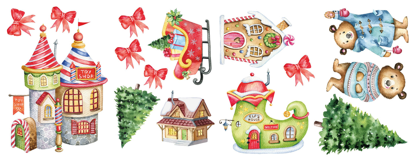 Cute Bears Christmas Village Window Decals Stickers, Childrens Window Stickers, Nursery Christmas Stickers