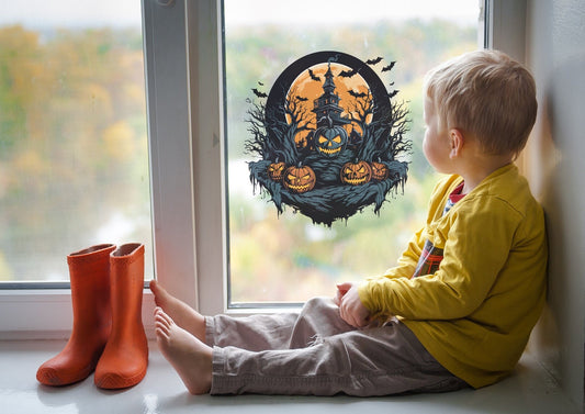 Halloween Window Sticker Decal - Haunted House With Bats & Creepy Black Pumpkins Removable Halloween Decor