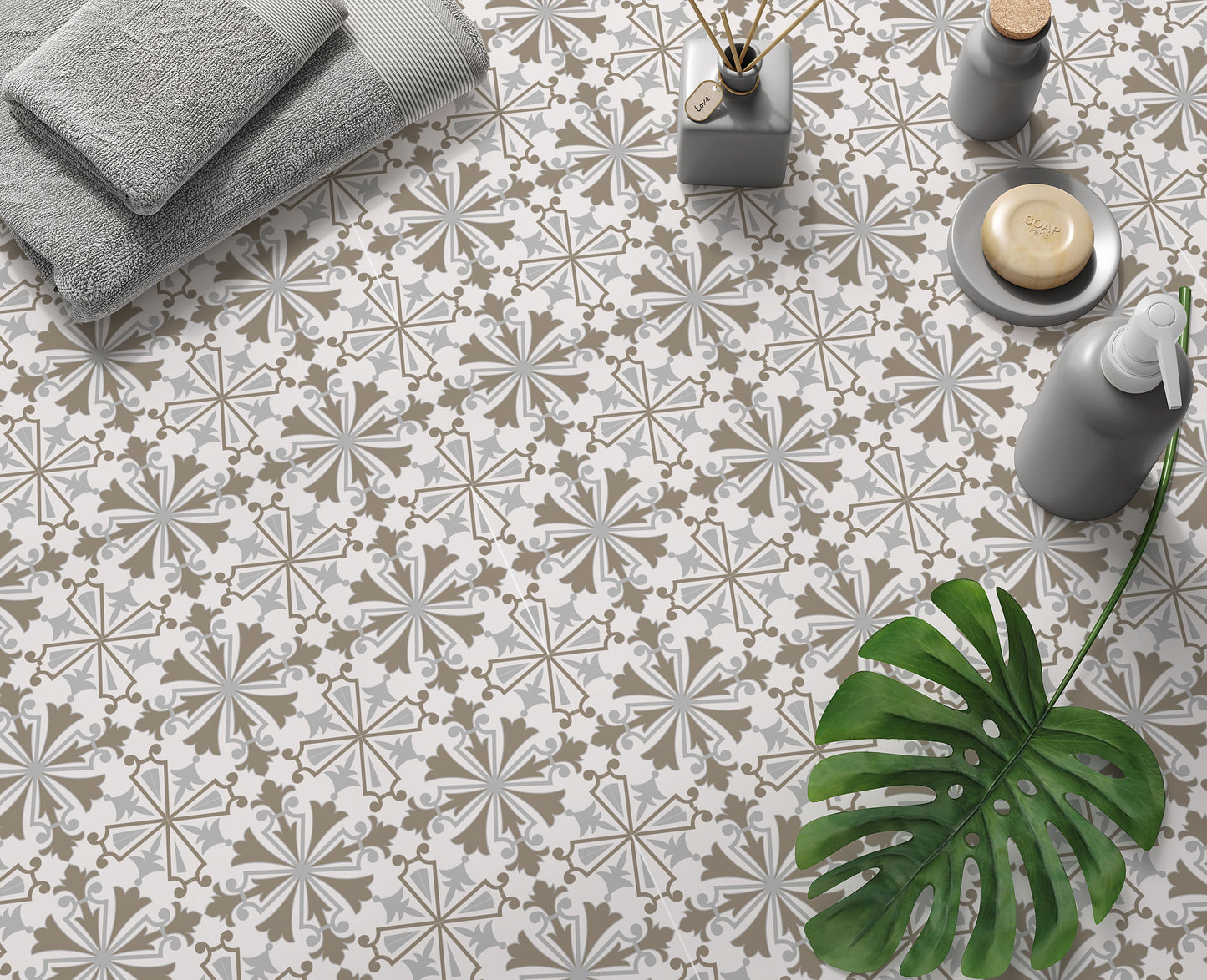 Taupe Grey Deco Pattern Floor & Tile Stickers