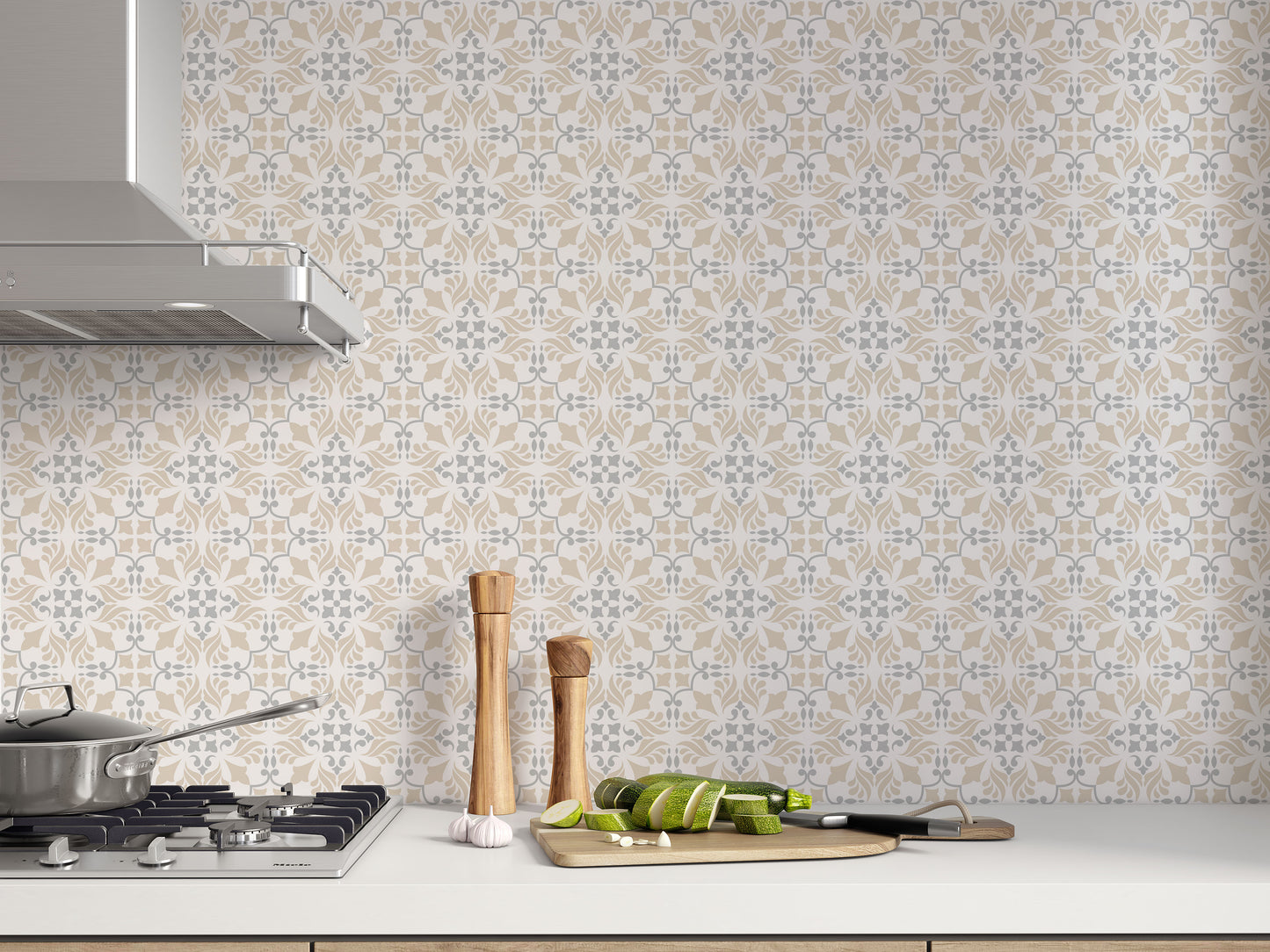 Beige Grey Damask Removable Tile Stickers