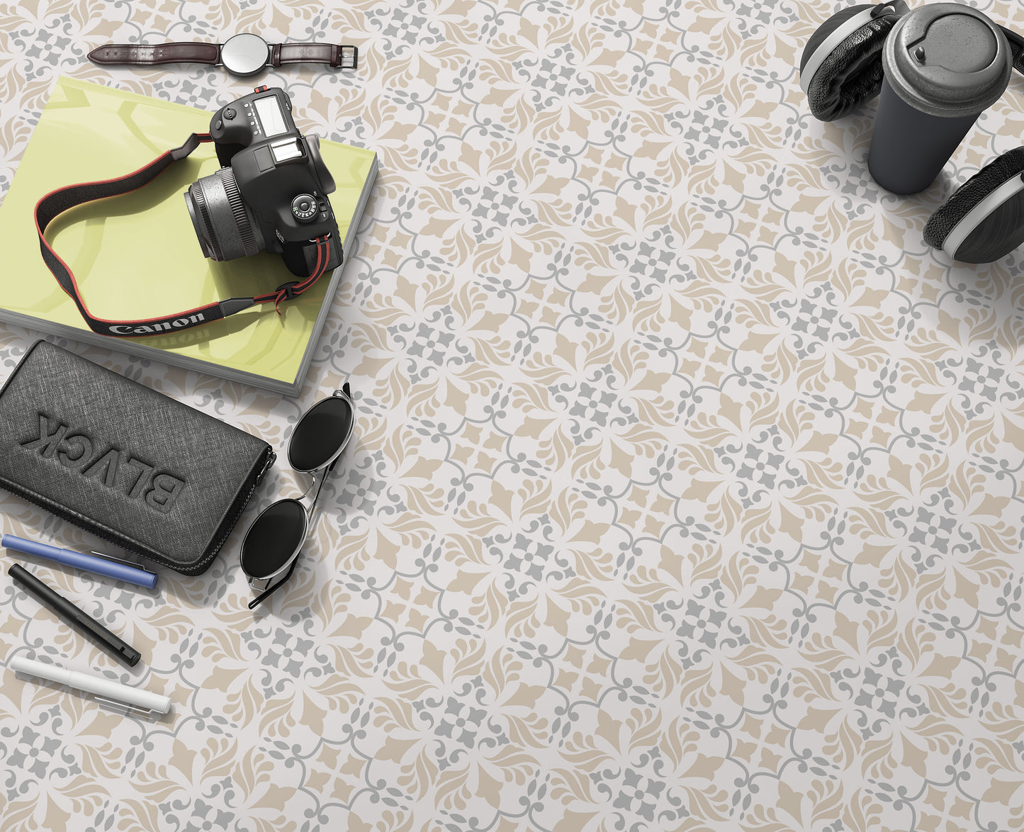 Beige Grey Damask Removable Tile Stickers