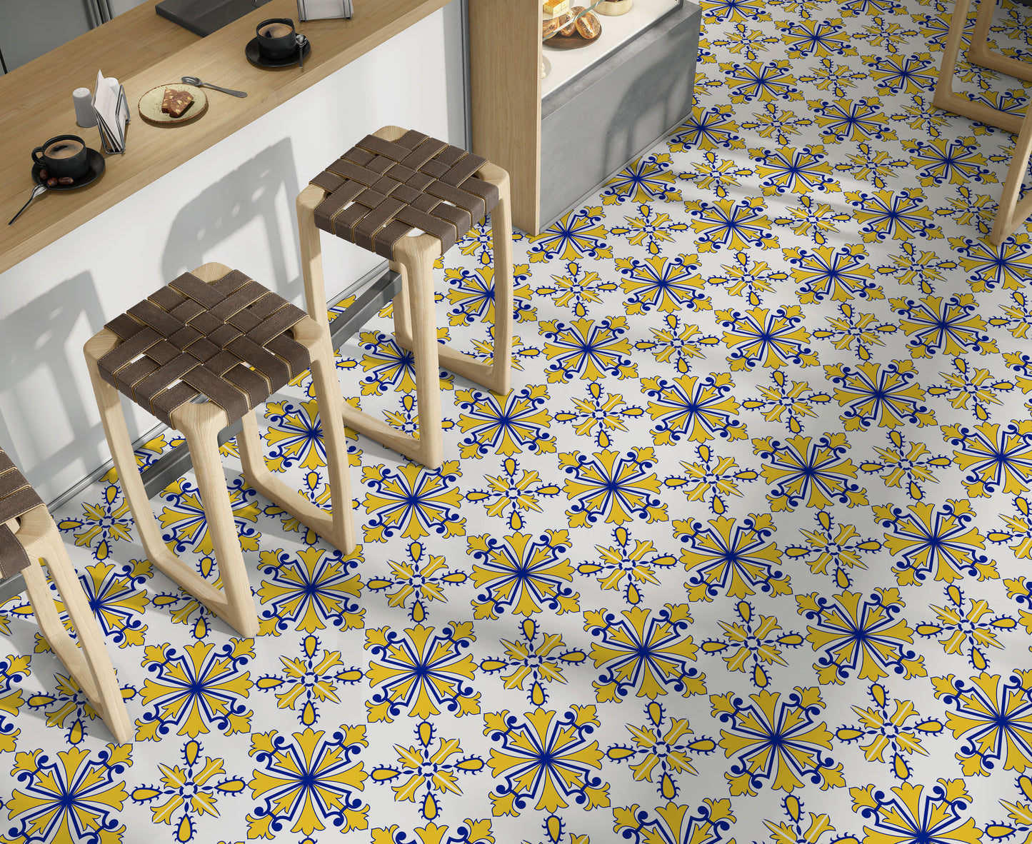 Bright Yellow & Blue Fluted Art Deco Removable Tile Stickers