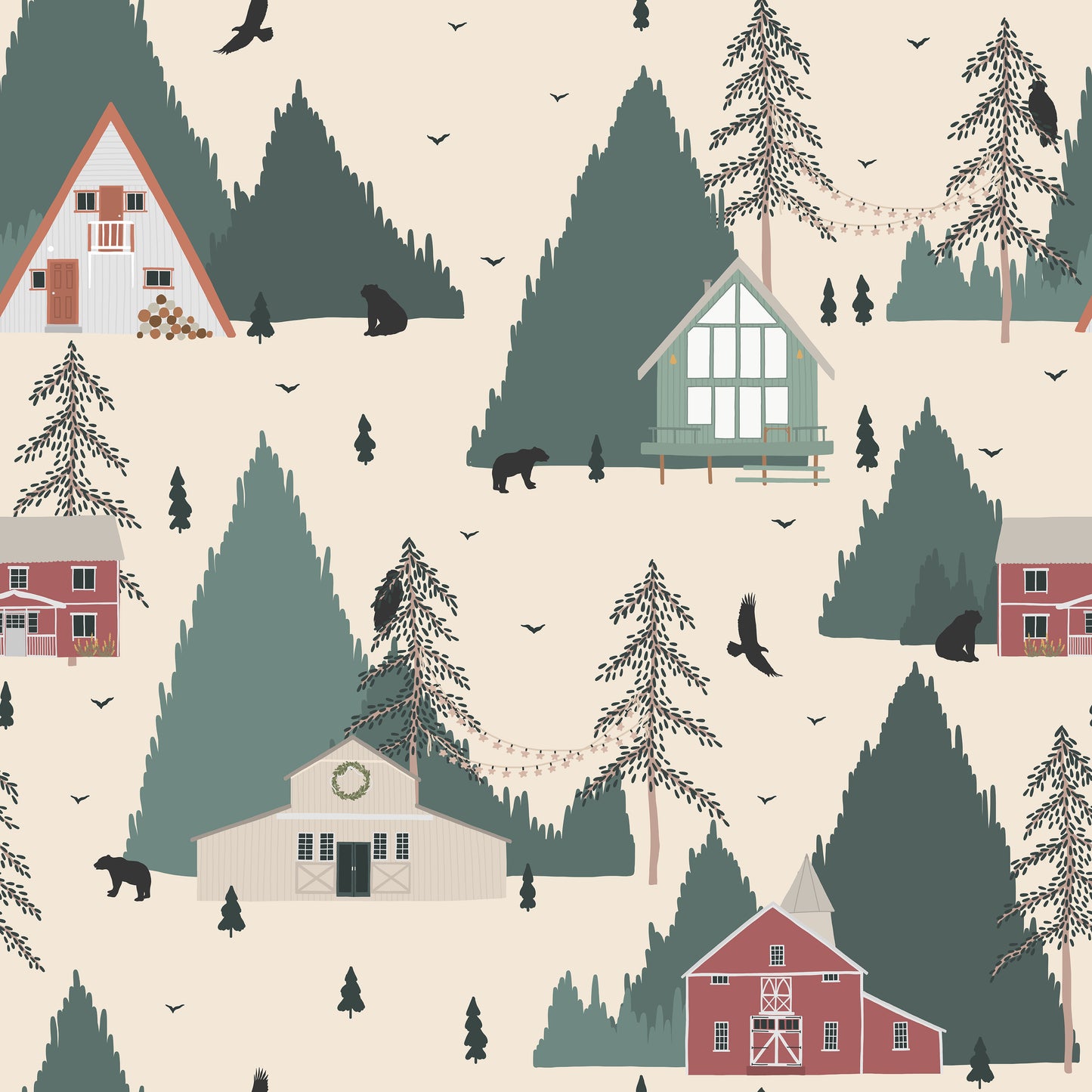 Forest Cabin Bears Scene Self Adhesive Vinyl