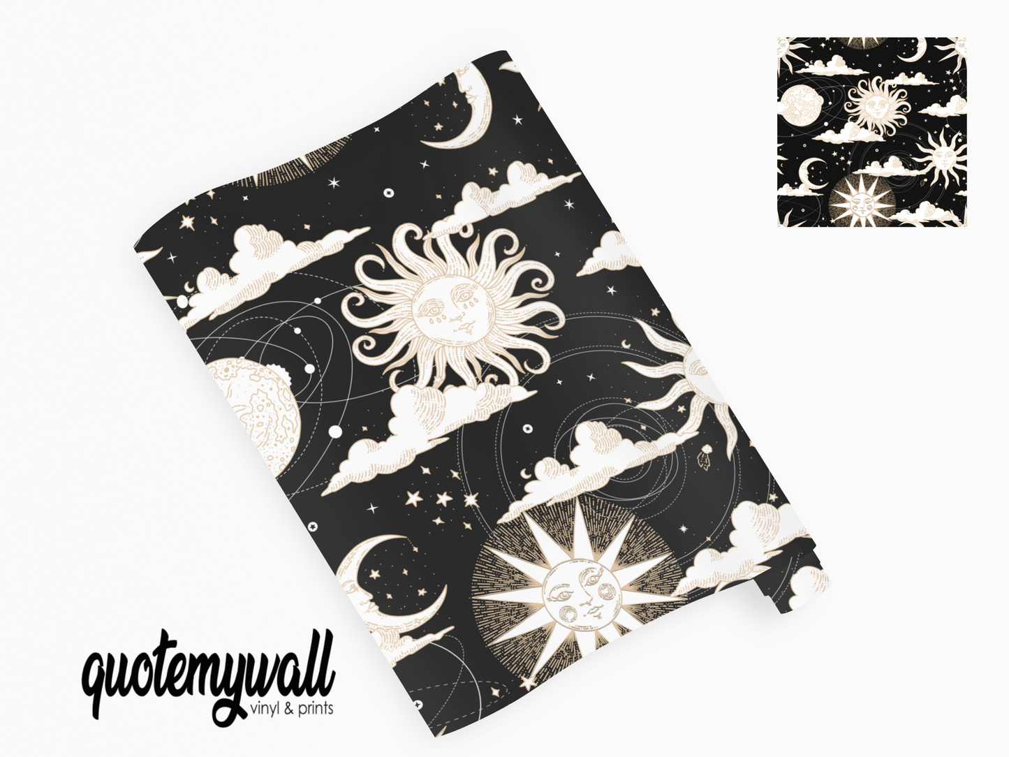 Black & White Sun Moon Cloud Earth Self Adhesive Vinyl
