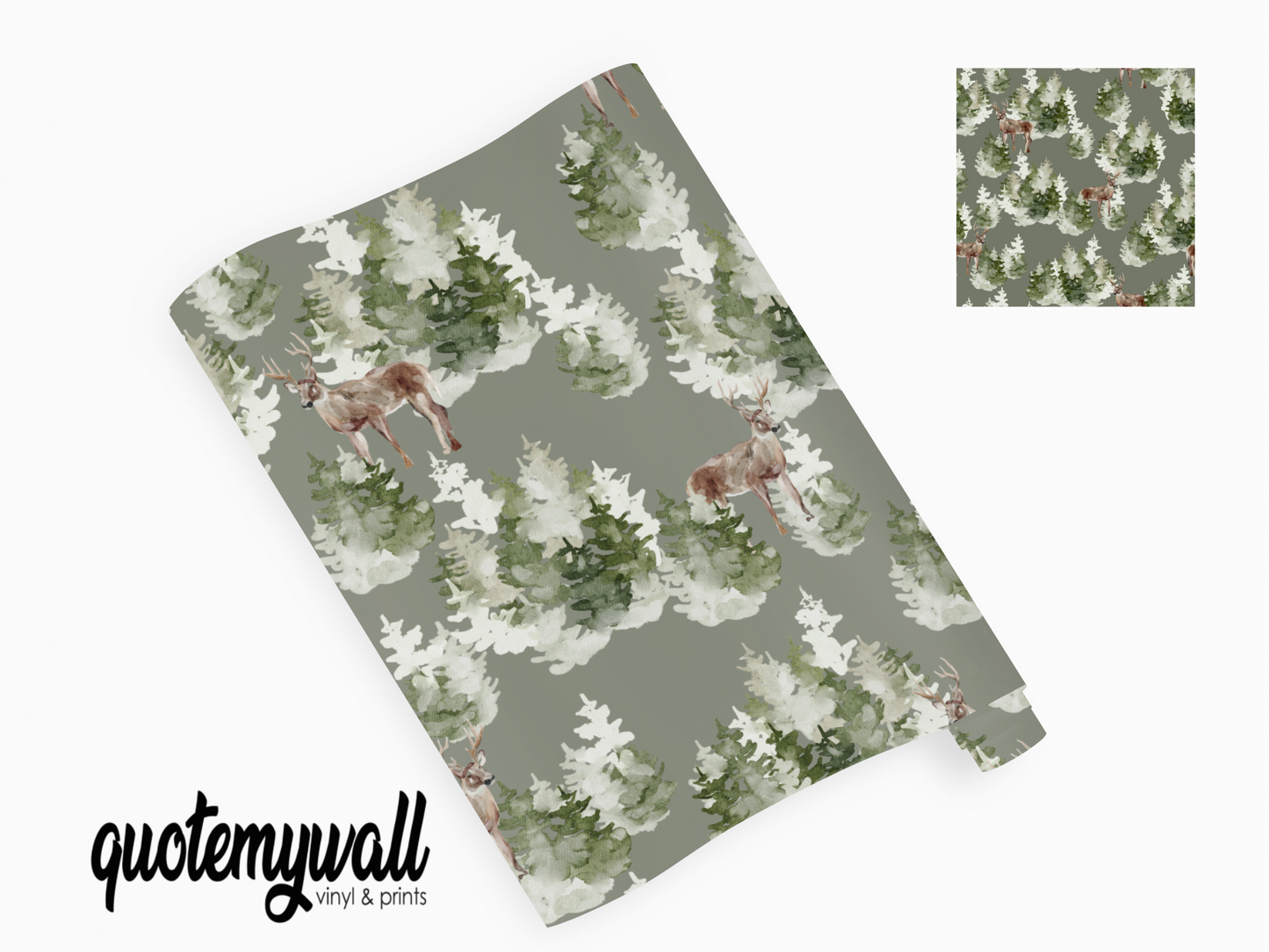 Dark Green Watercolour Forest Stag Scene Self Adhesive Vinyl