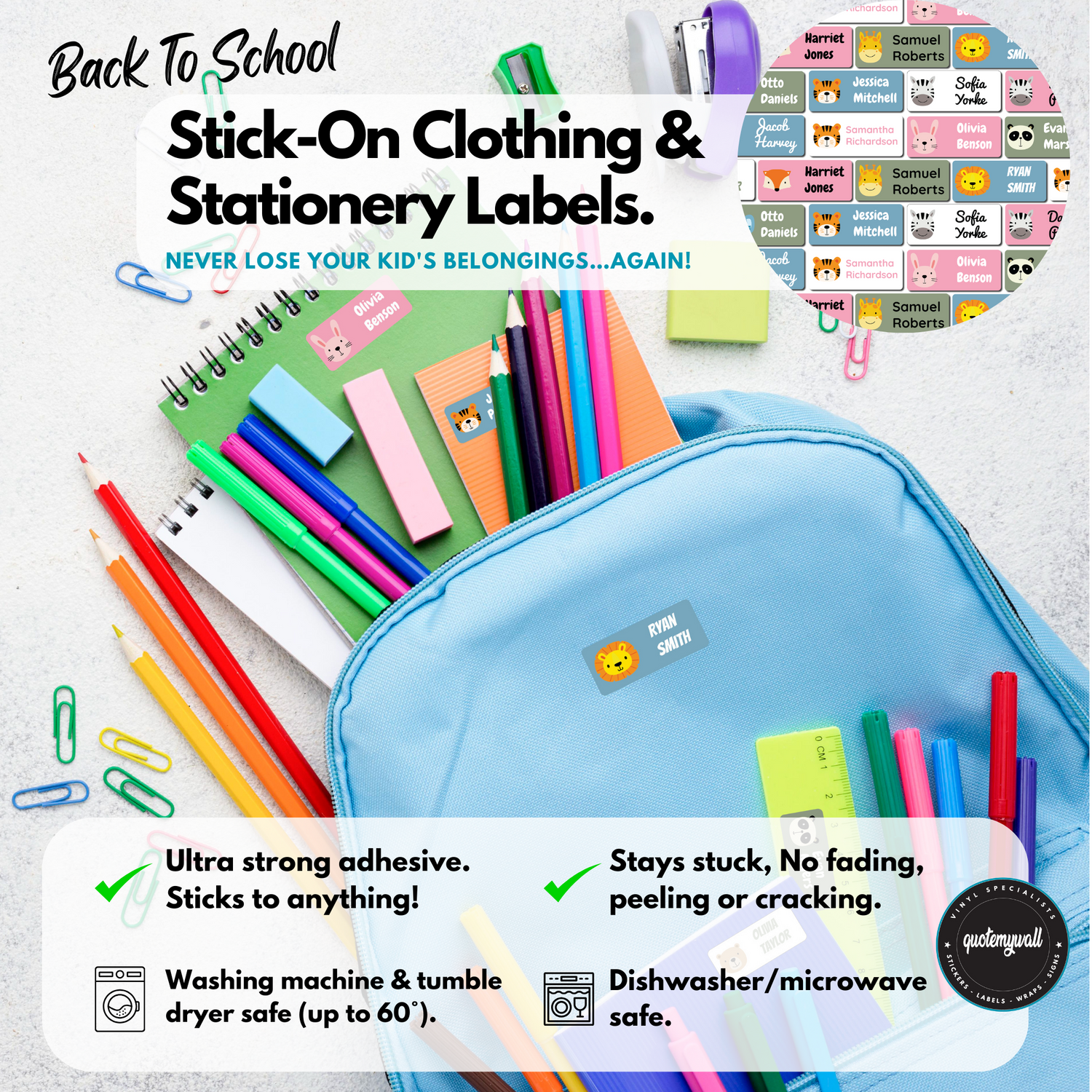 easy to apply stick on name labels for clothes and kids belongings washing machine safe