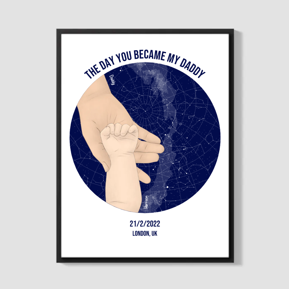 Parent & Baby Hands Birth Date Personalised Star Map Print (Midnight Blue)