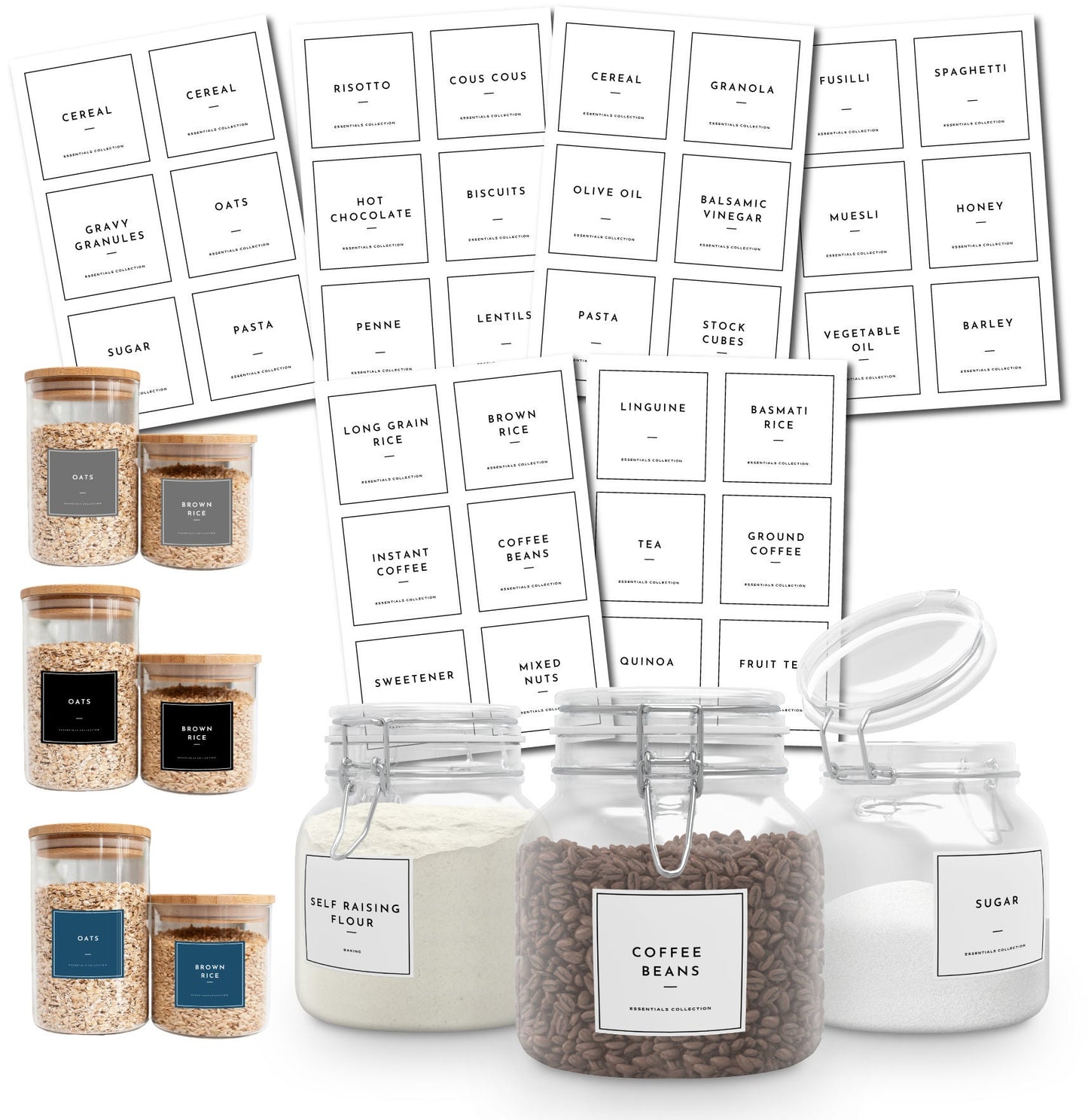 A set of clear glass jars with black and white labels for organising pantry staples. The labels include names like oats, brown rice, coffee beans, sugar, and self-raising flour.