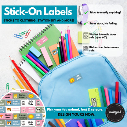 66 x Name Labels For School Clothes - Kids Item Labels, Care Home Tags Washable Custom No-Iron Stick On Labelling