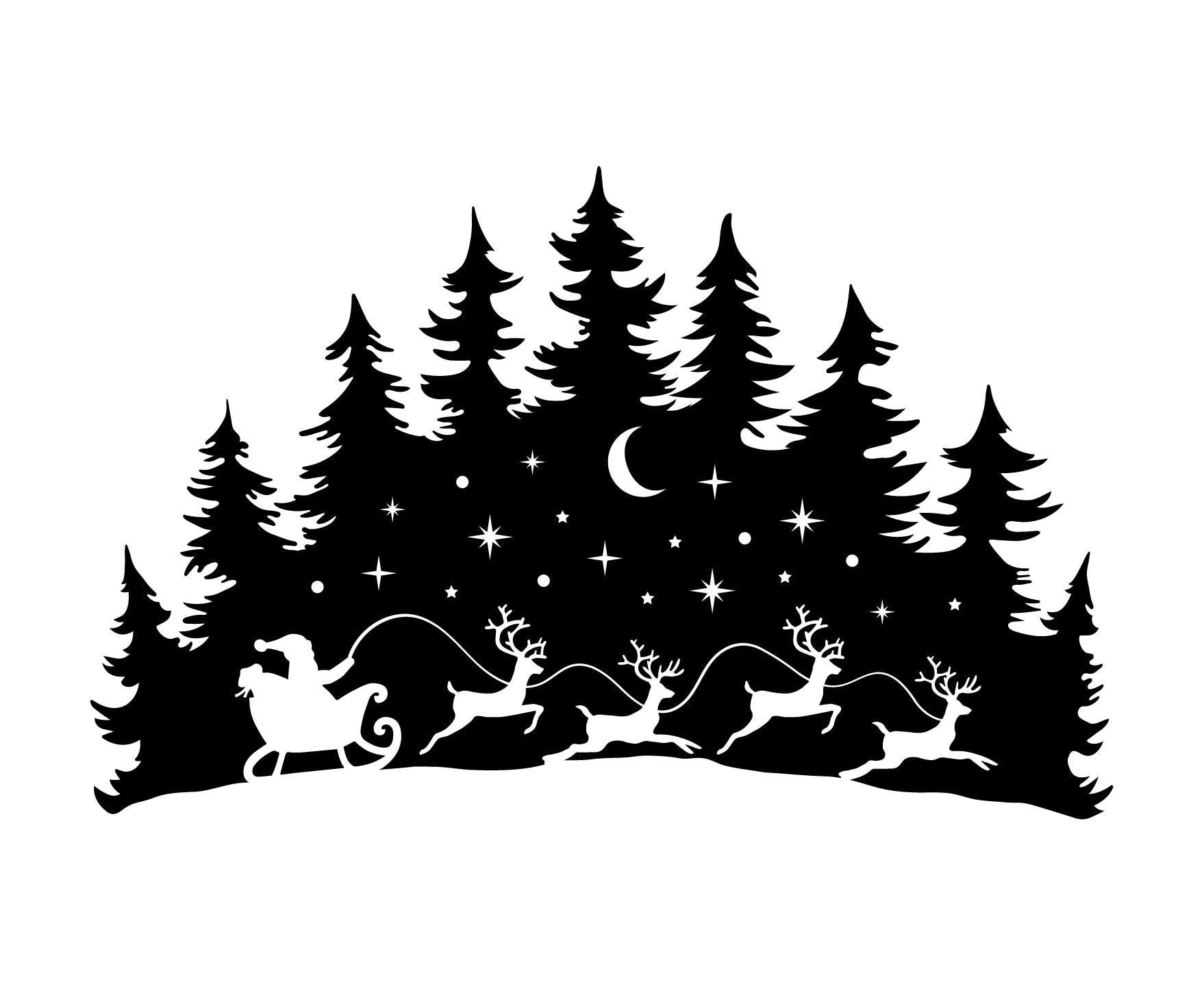 Santa Sleigh With Reindeers Christmas Window Stickers Trees Moon & Stars Removable Xmas Decoration