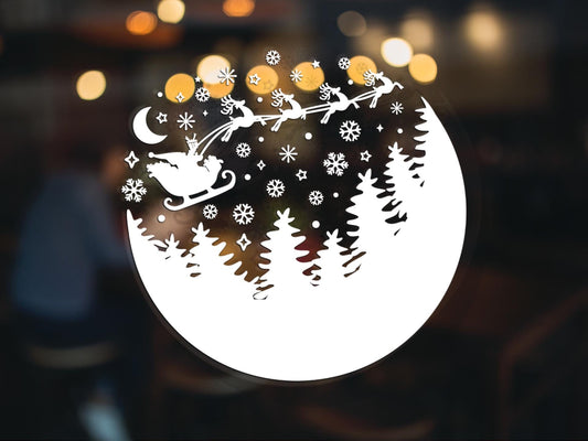 Santa Sleigh Christmas Window Sticker With Snowflakes, Trees & Reindeers Removable Xmas Decoration
