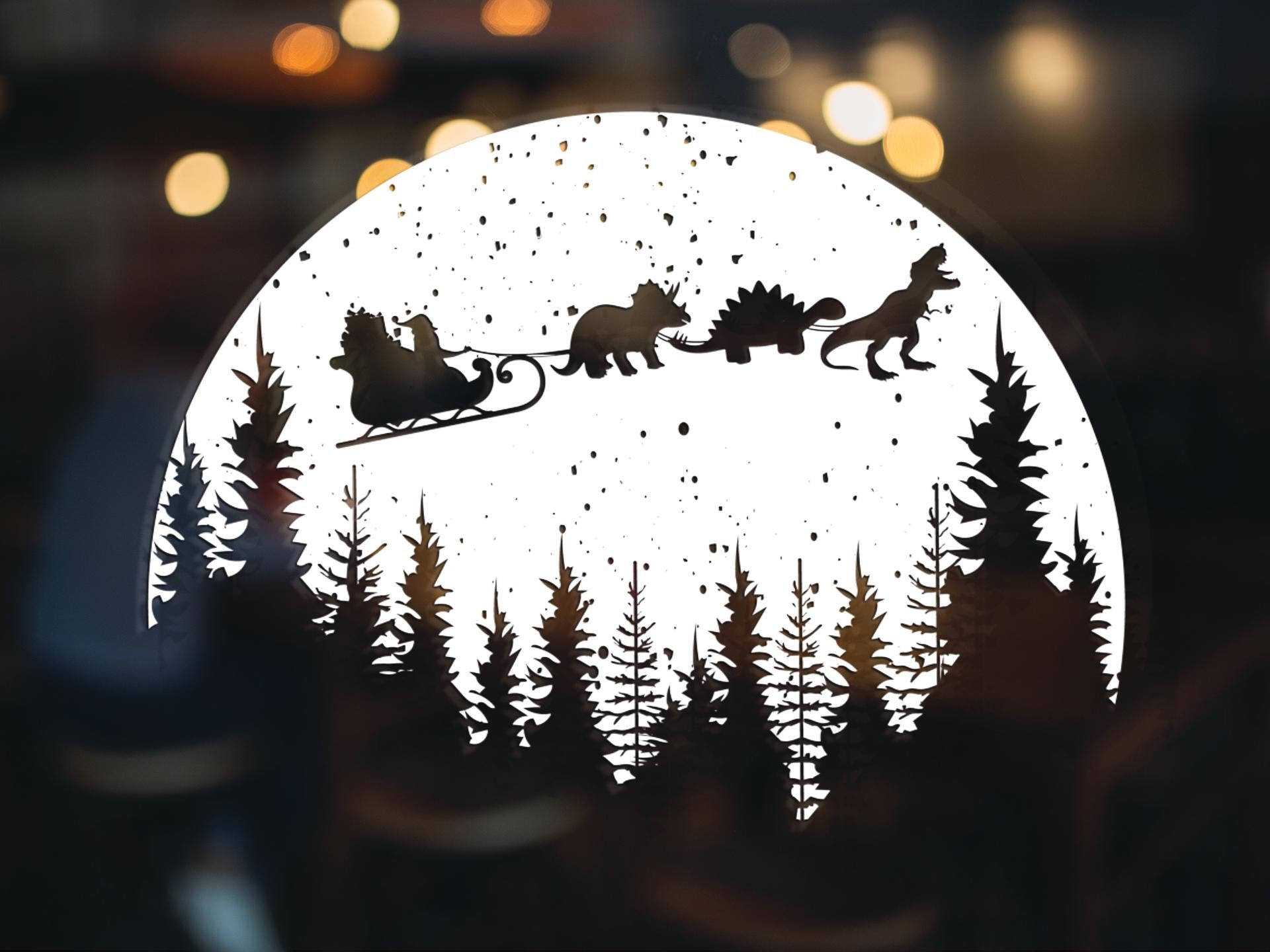 Kids Dinosaur Christmas Window Stickers Funny Dinosaur Sleigh Snow Scene With Trees