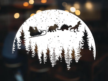 Kids Dinosaur Christmas Window Stickers Funny Dinosaur Sleigh Snow Scene With Trees