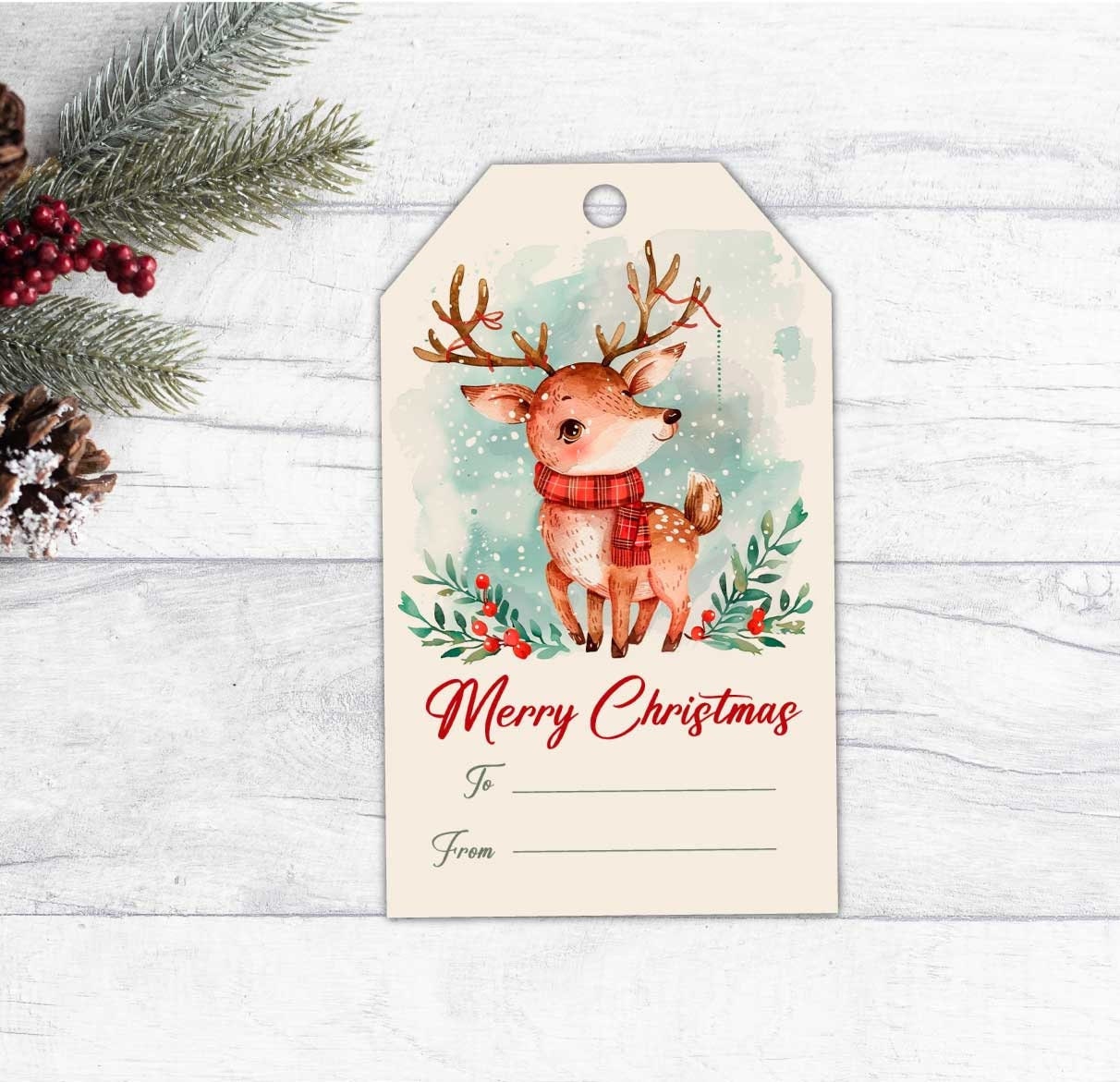 Personalised Christmas Label Sticker Tag - Christmas Gift Present Label With Reindeer Merry Christmas