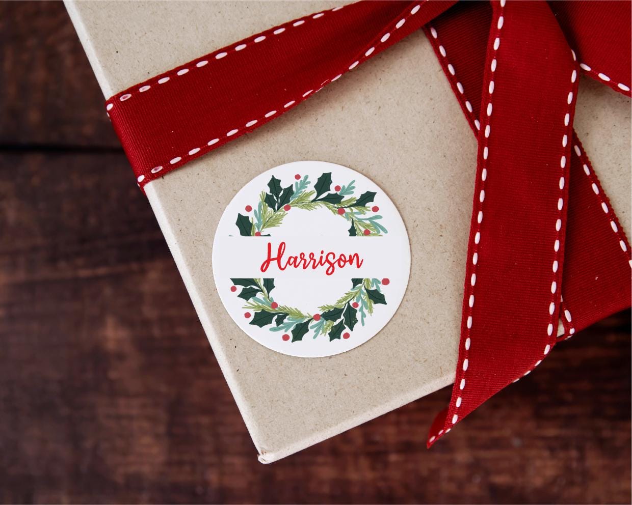 Personalised Christmas Name Tag Label Sticker - Custom Wreath Present Label For Xmas Gifts/Pressies
