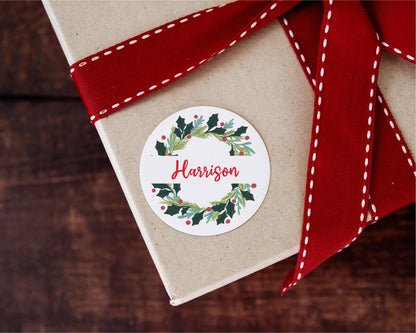 Personalised Christmas Name Tag Label Sticker - Custom Wreath Present Label For Xmas Gifts/Pressies