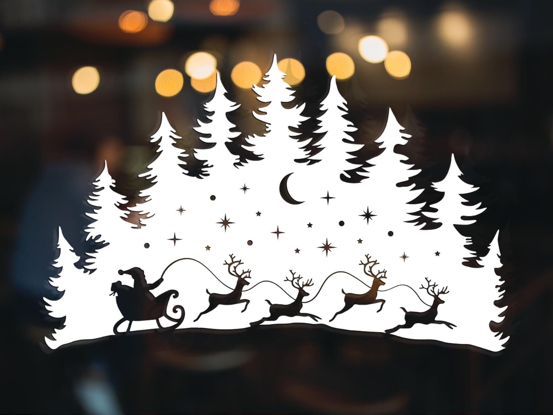 Santa Sleigh With Reindeers Christmas Window Stickers Trees Moon & Stars Removable Xmas Decoration