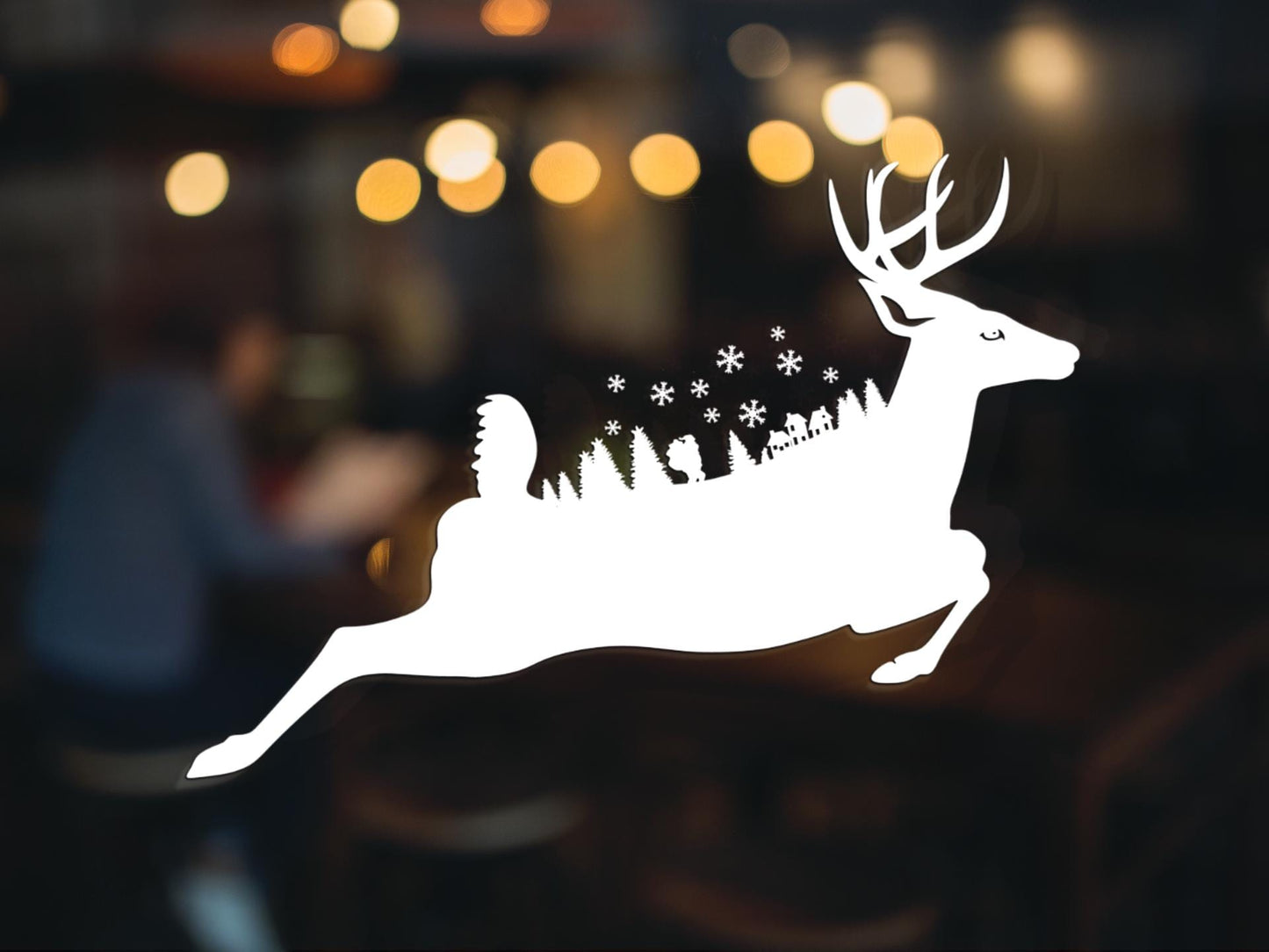 Leaping Reindeer Christmas Window Sticker With Xmas Scene Decoration