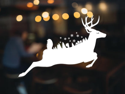 Leaping Reindeer Christmas Window Sticker With Xmas Scene Decoration