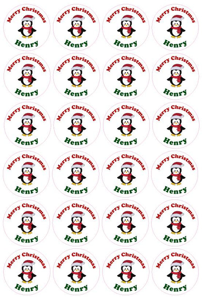 Festive Penguin Personalised Name Christmas Present Kids Stickers CustomTag