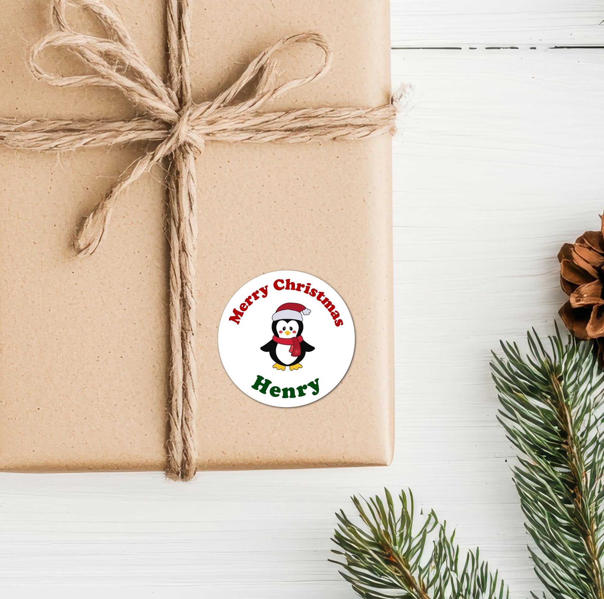 Festive Penguin Personalised Name Christmas Present Kids Stickers CustomTag