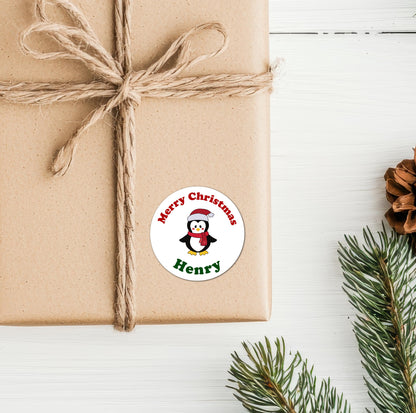 Festive Penguin Personalised Name Christmas Present Kids Stickers CustomTag