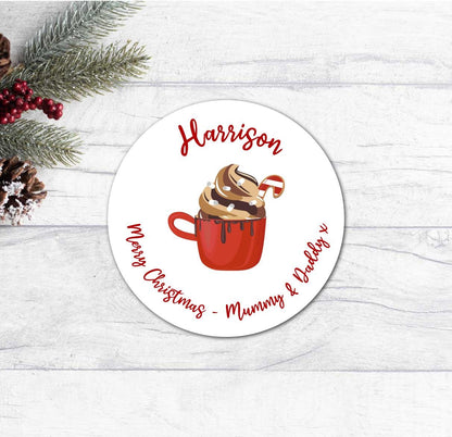 Personalised Name Christmas Present Stickers Hot Chocolate Gift Tag