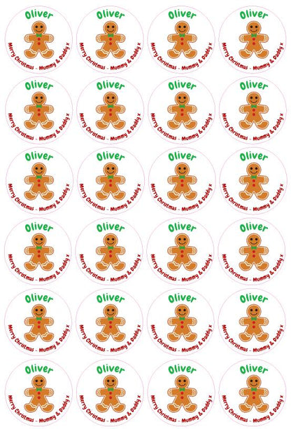 Gingerbread Man Cute Personalised Christmas Name Initial Kids Tags Stickers Labels Gift Wrap Present