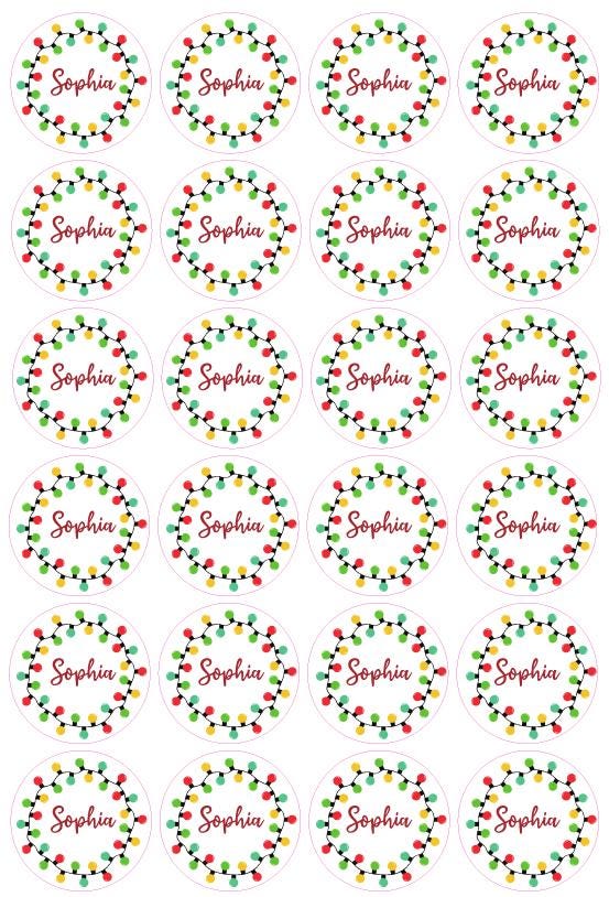 Christmas Personalised Name Fairy Lights Bulbs Present Stickers Custom Gift Wrap Tag