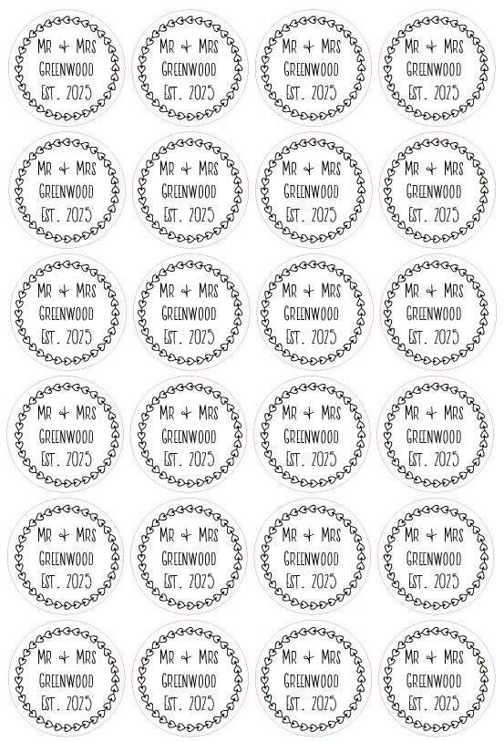 Minimalist Heart Wreath Custom Wedding Day Stickers - Personalised Wedding Labels Names & Date Wedding Favour Stickers