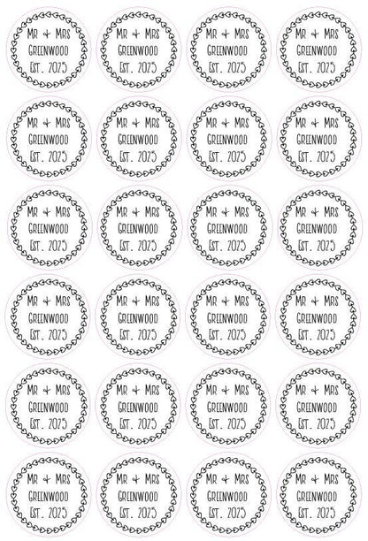 Minimalist Heart Wreath Custom Wedding Day Stickers - Personalised Wedding Labels Names & Date Wedding Favour Stickers