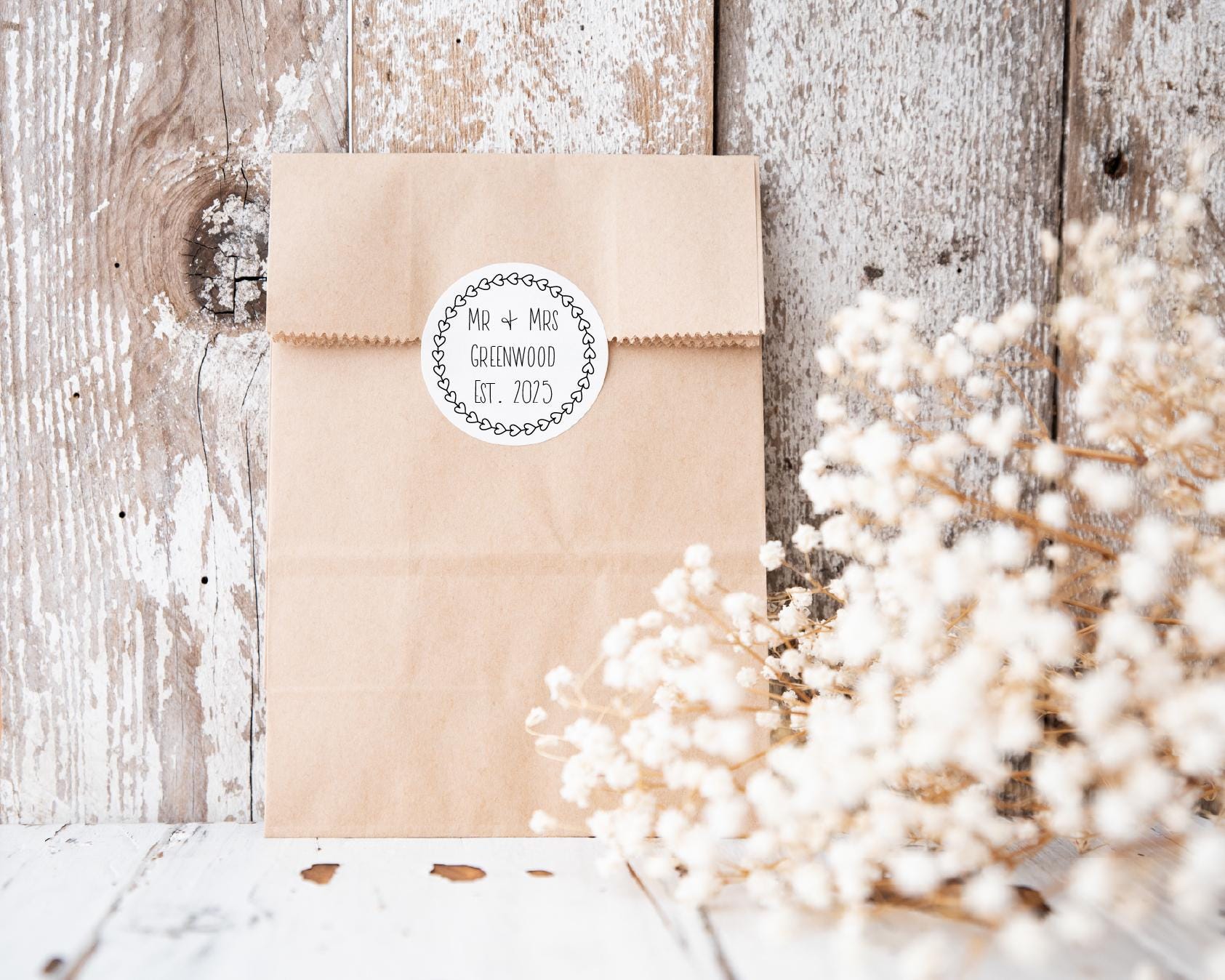 Minimalist Heart Wreath Custom Wedding Day Stickers - Personalised Wedding Labels Names & Date Wedding Favour Stickers