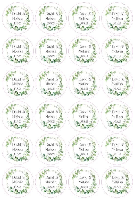 Customised Floral Wreath Wedding Stickers - Personalised Wedding Day Labels, Names & Date Beautiful Flowers Round Stickers