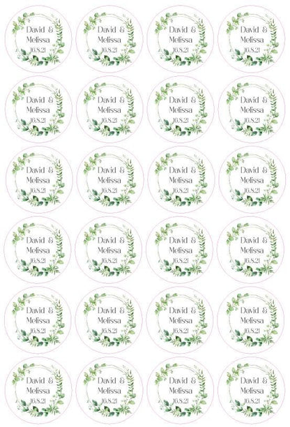 Customised Floral Wreath Wedding Stickers - Personalised Wedding Day Labels, Names & Date Beautiful Flowers Round Stickers