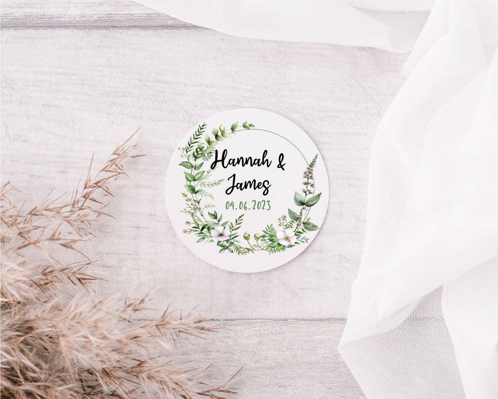 Personalised Floral Wreath Wedding Label Stickers For Envelopes - Party Bag Stickers For Sweets Custom Names & Date For Cake Cookie Bag Seal