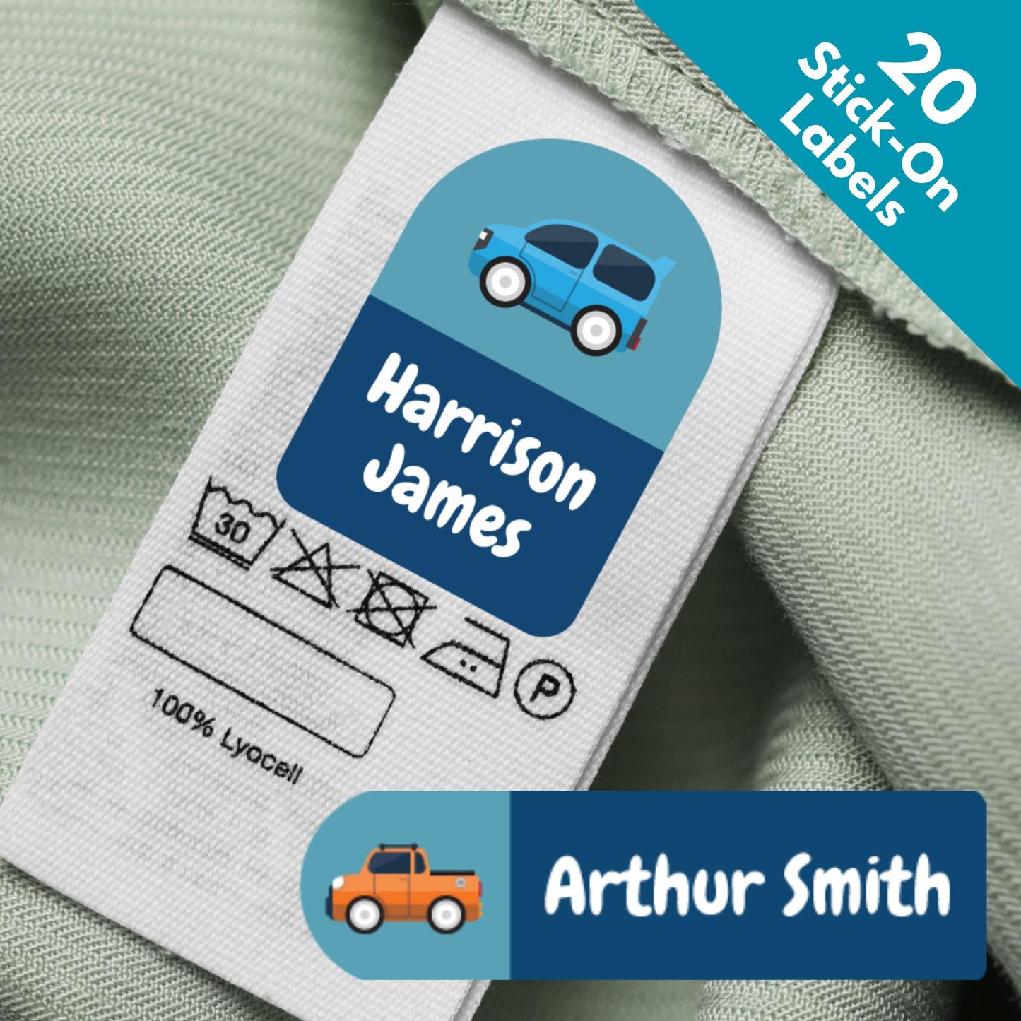 20 x Car & Truck Clothing Clothes Name Stickers For Kids School Uniform, Books, Stationery Bottles