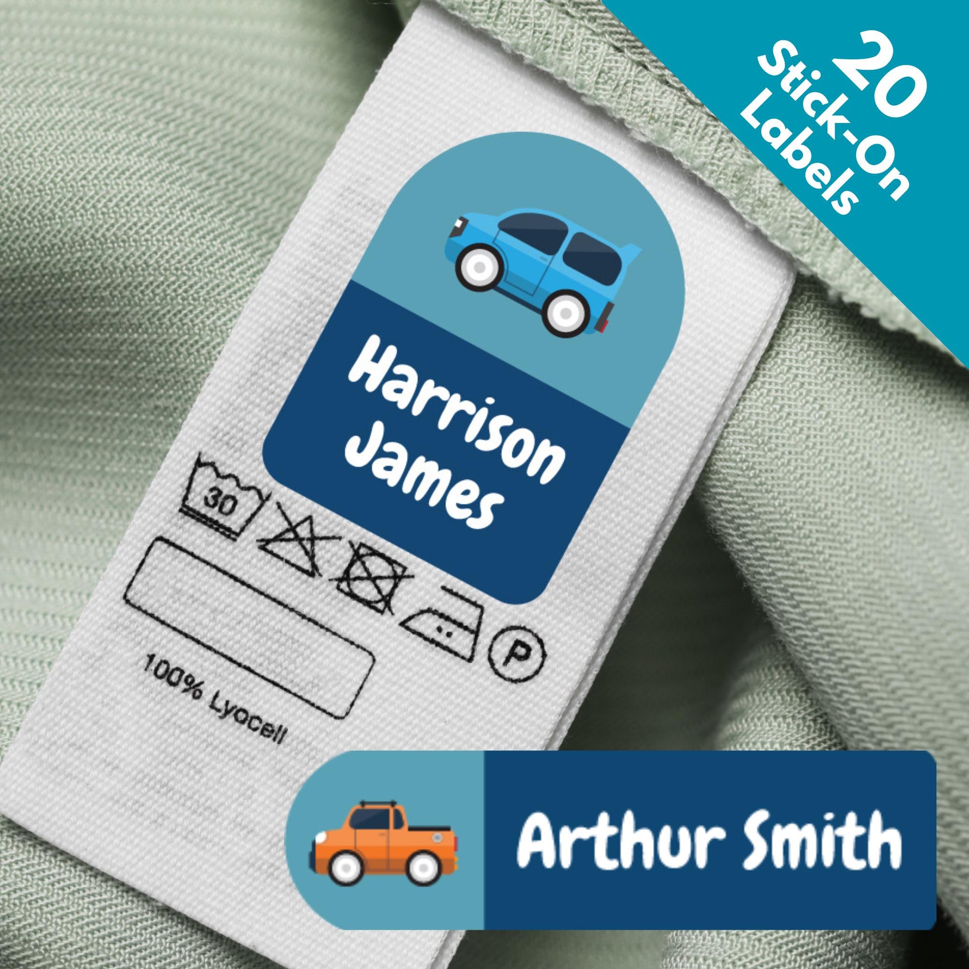 20 x Car & Truck Clothing Clothes Name Stickers For Kids School Uniform, Books, Stationery Bottles